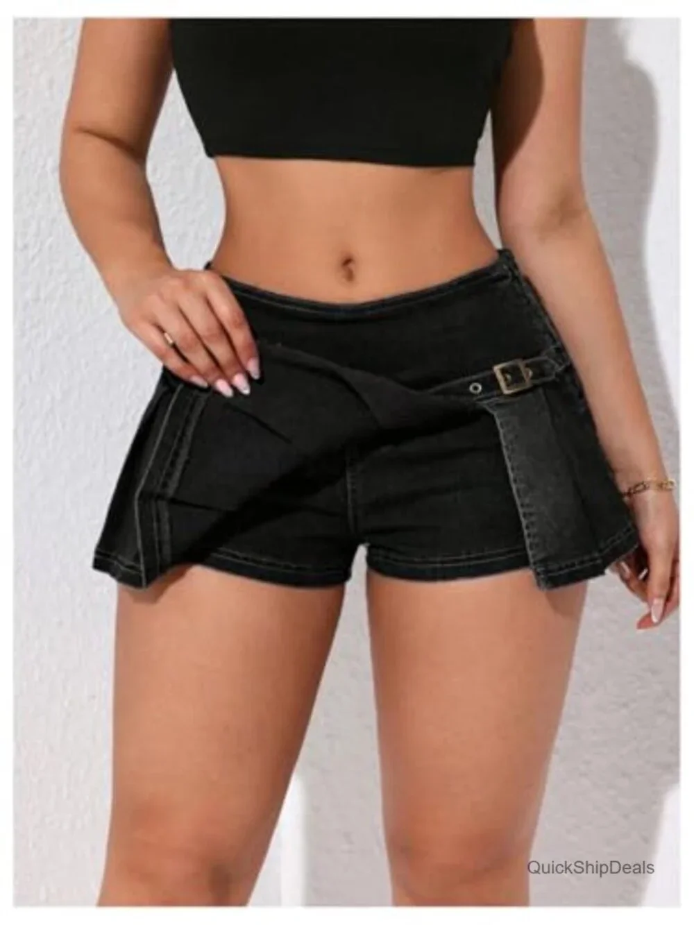Y2K Low Rise Pleated Denim Mini Skirt with Shorts, Split Hem Skater Skirt,